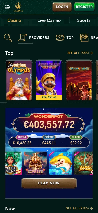 Casinia Casino games area on a mobile device