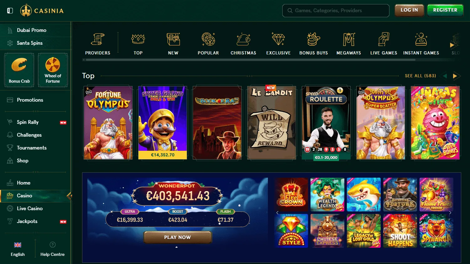 Casinia Casino games area on desktop