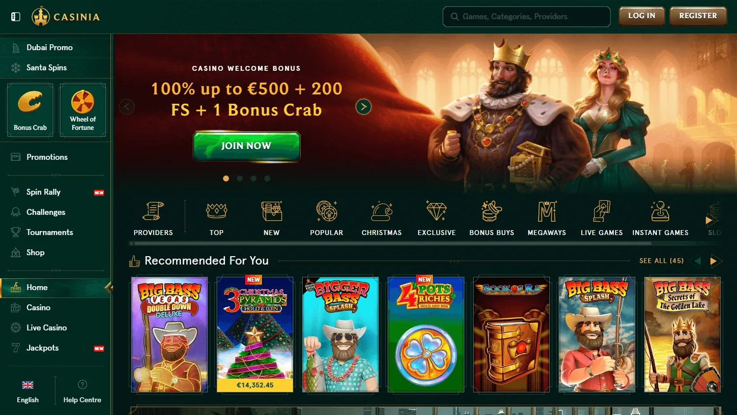 Casinia Casino home on desktop