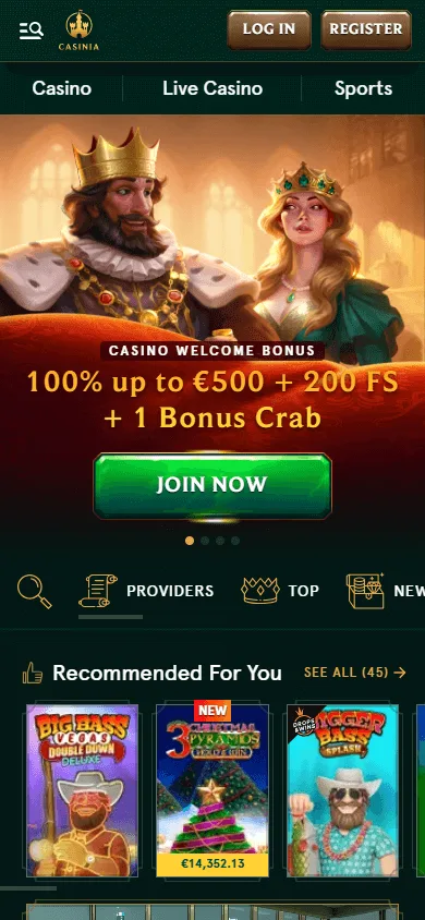 Casinia Casino home on a mobile device