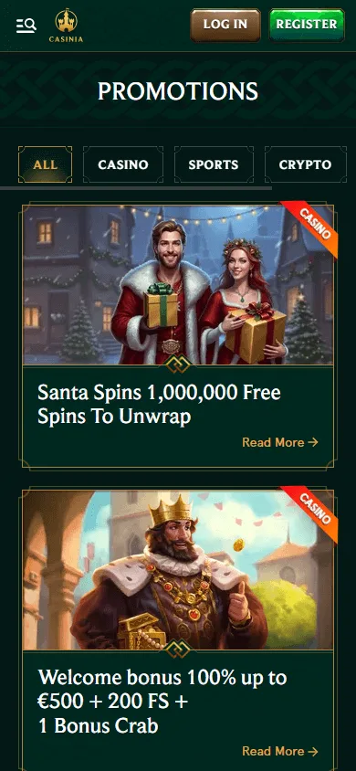 Casinia Casino promotions area on a mobile device